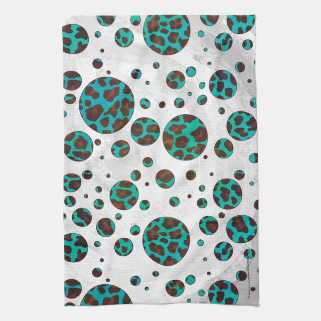 Polka Dot Cow Brown and Teal Print Kitchen Towel (Vertical)