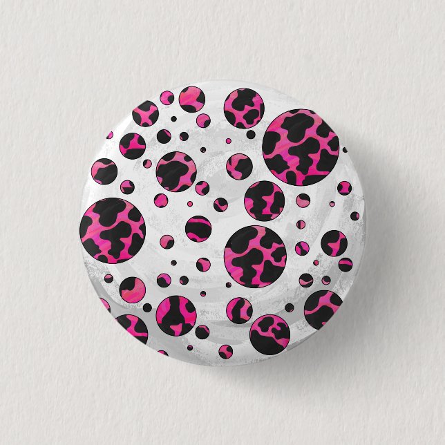 Polka Dot Cow Hot Pink and Black Print 1 Inch Round Button (Front)