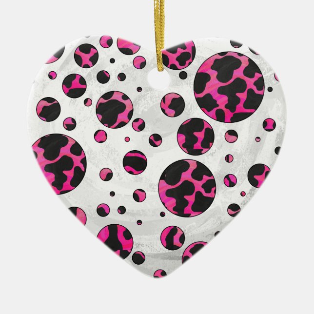 Polka Dot Cow Hot Pink and Black Print Ceramic Ornament (Front)