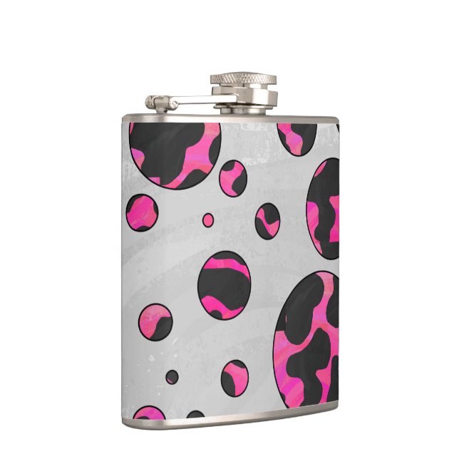 Polka Dot Cow Hot Pink and Black Print Hip Flask (Right)