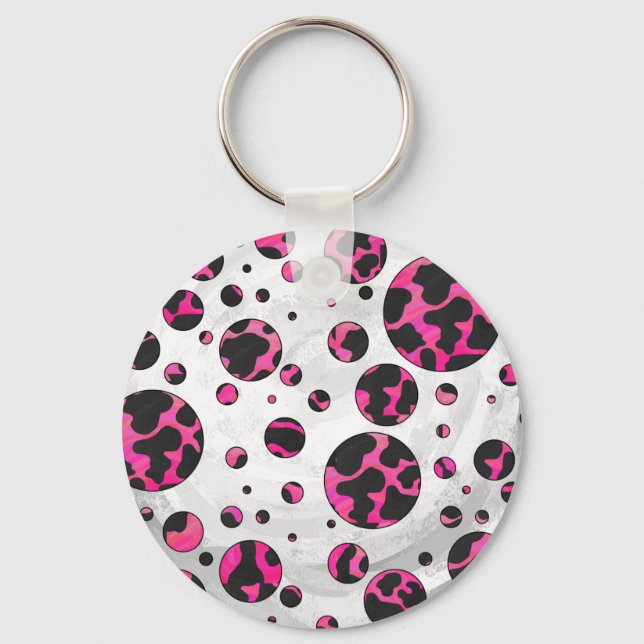 Polka Dot Cow Hot Pink and Black Print Keychain (Front)