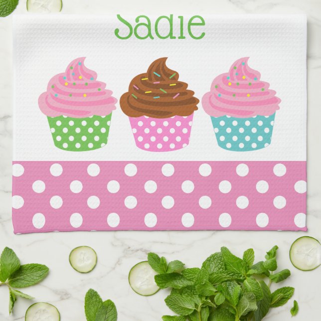 Polka Dot Cupcakes Personalized Kitchen Towel (Folded)