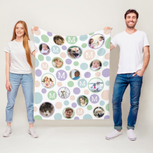 Polka Dot Cute Pastels Monogram 14 Photo Collage Fleece Blanket