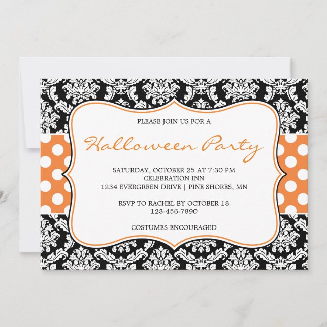 Polka Dot Damask Halloween Party Invitations (Front)