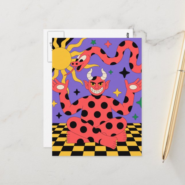 Polka Dot Devil and Snake Chequered Floor Postcard (Front/Back In Situ)