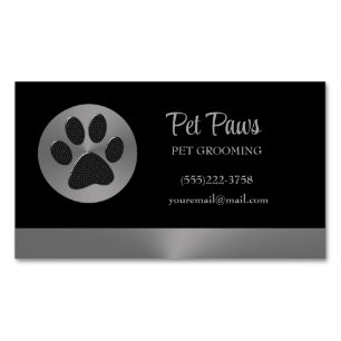 Polka Dot Dog Paw on Silver Pet Grooming Service   Magnetic Business Card