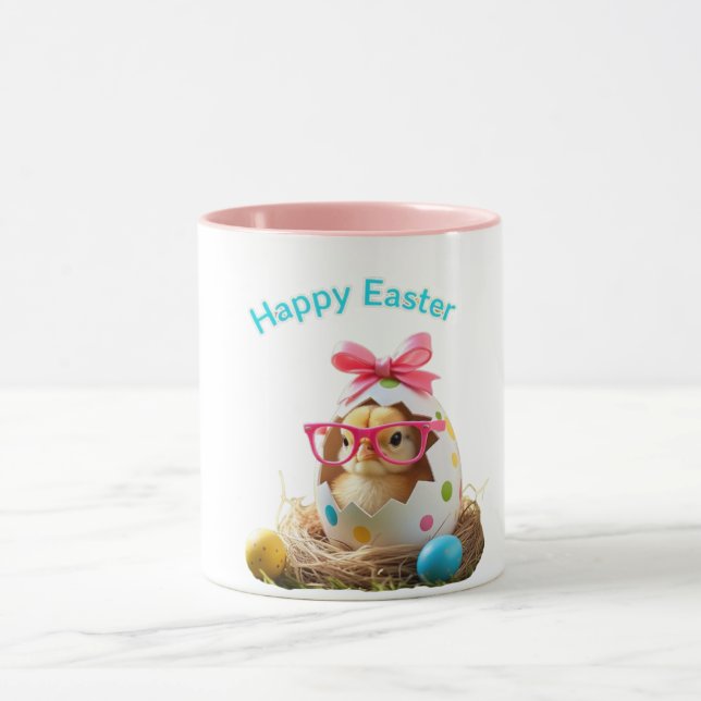 Polka Dot Egg Chick with Glasses Happy Easter  Mug (Center)