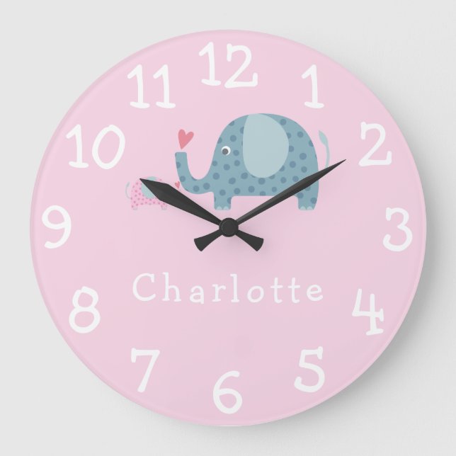 Polka Dot Elephants Personalised Nursery Large Clock (Front)