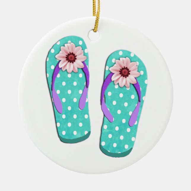 Polka Dot Flip Flops Ceramic Ornament (Front)