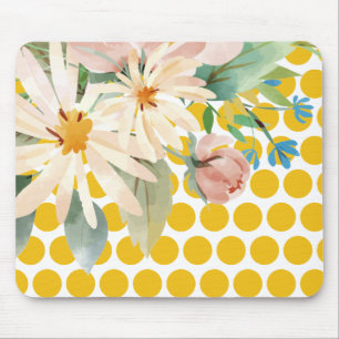 Polka Dot Floral Mousepad with Watercolor Flower