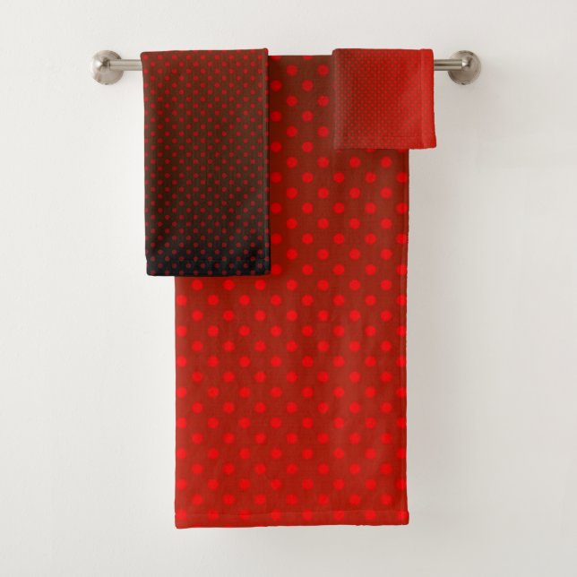Polka dot gradient red black colours dark print bath towel set (Insitu)