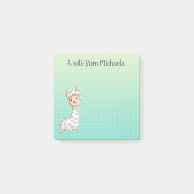Polka dot green personalized llama post-it notes (Front)