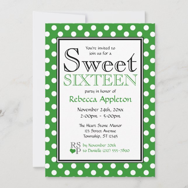 Polka Dot Green & White Sweet Sixteen Invitations (Front)