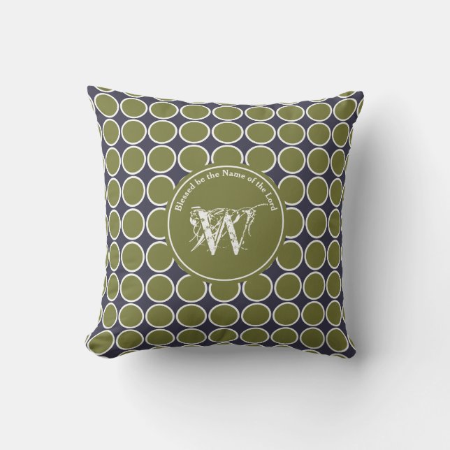 POLKA DOT Grey Green Customized Monogram Scripture Throw Pillow (Front)