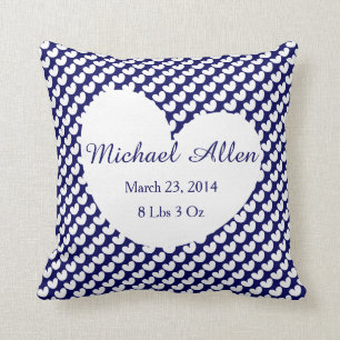 Polka Dot Hearts Personalize w Baby's Info (navy) Throw Pillow