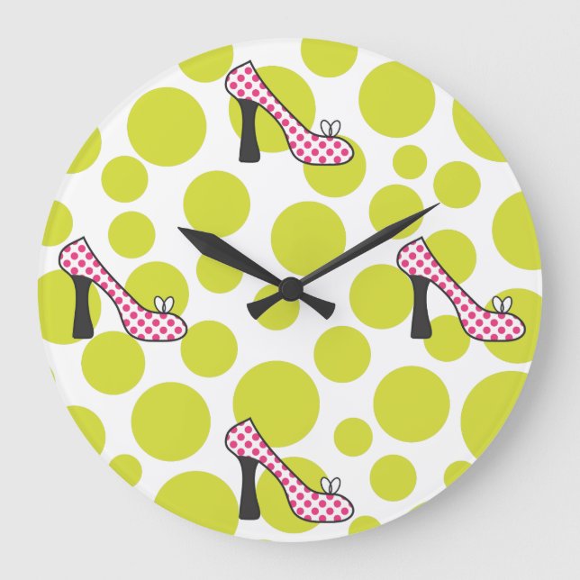 Polka Dot High Heel Pink & Green Shoes Clock (Front)