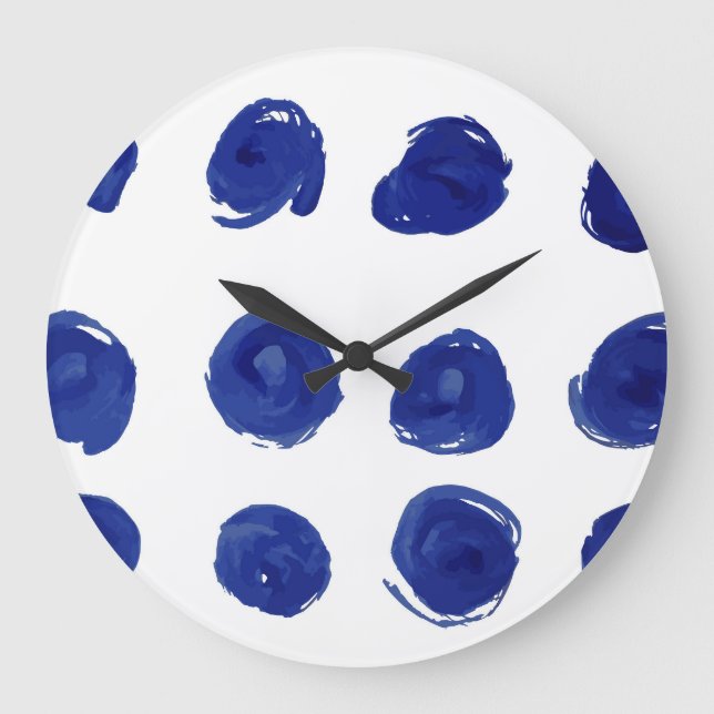Polka dot, indigo blue watercolor. large clock (Front)