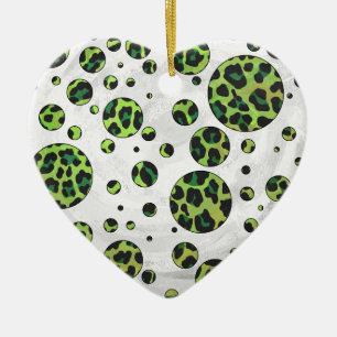 Polka Dot Leopard Black and Green Ceramic Ornament