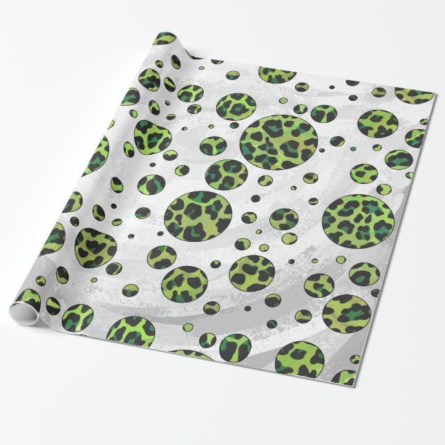 Polka Dot Leopard Black and Green Wrapping Paper (Unrolled)