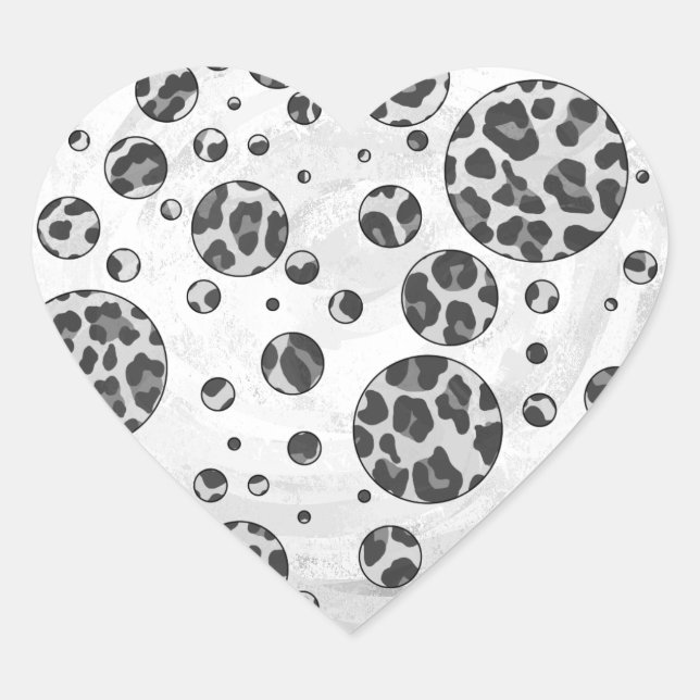 Polka Dot Leopard Black and White Design Heart Sticker (Front)