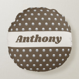 Polka Dot Metallic Silver and Dark Brown Spotted Round Pillow