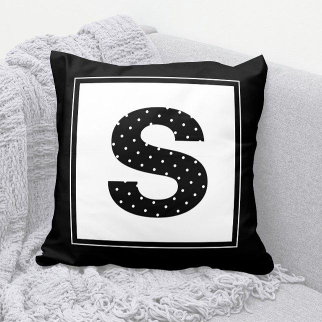 Polka Dot Monogram in Black and White Outdoor Pillow (Cute Polka Dot Monogram Throw Pillow in Black and White )