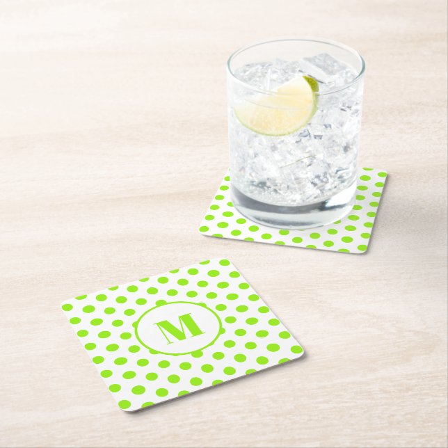 Polka Dot Monogram Initial Lime Green on White Square Paper Coaster (Insitu)