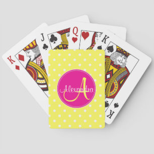 Polka dot monogram initial name chic yellow playing cards