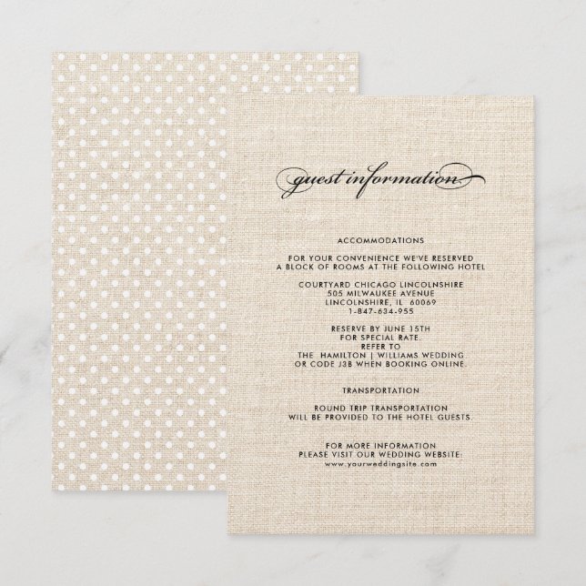 Polka Dot Motif Burlap Mariage Détails Cartes (Devant / Derrière)