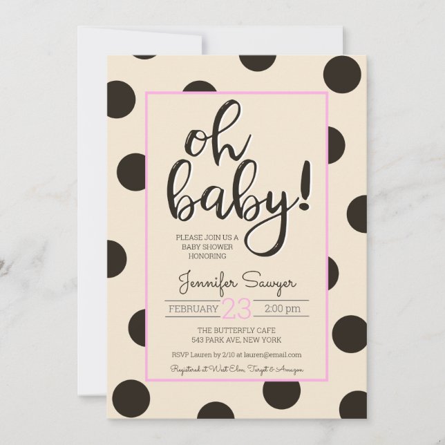 Polka Dot Neutral Black Pink Baby Shower Invitation (Front)