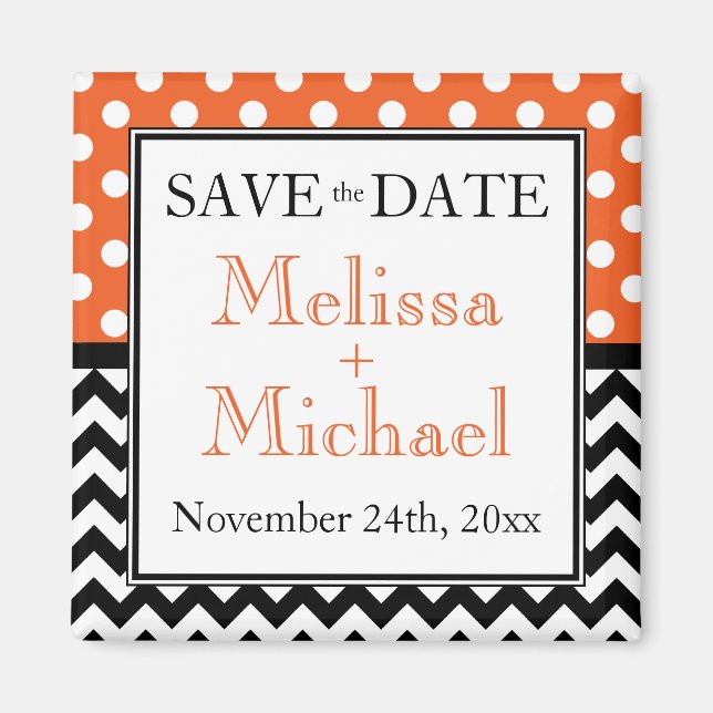 Polka Dot Orange & Chevron Save the Date Magnet (Front)