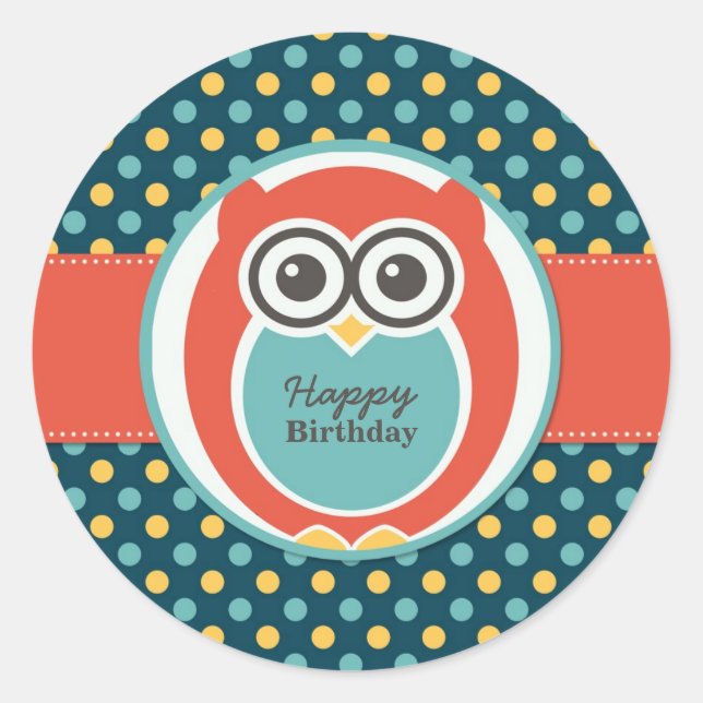 Polka Dot Owl Cartoon Birthday Party Sticker (Front)