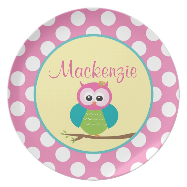 Polka Dot Owl - Personalized Melamine Plate (Front)