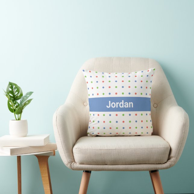 Polka Dot Pattern Custom Name on Blue Stripe Throw Pillow (Chair)
