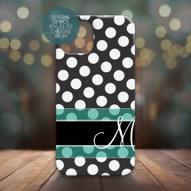 Polka Dot Pattern with Monogram - teal black Case-Mate iPhone Case (Personalized Phone Case - Many Device Styles to Choose From)