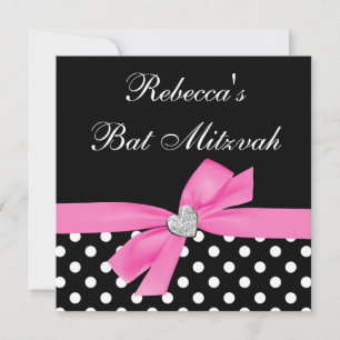 Polka Dot Pink Black Bow Heart Bat Mitzvah Invitation