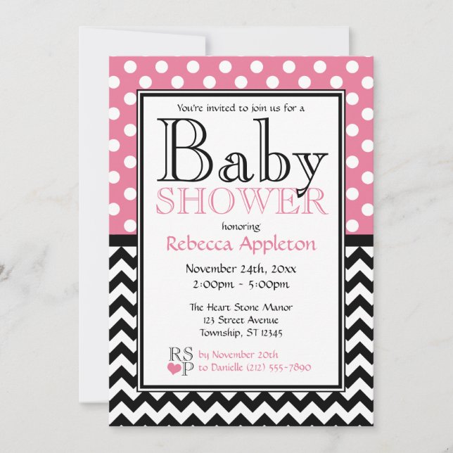 Polka Dot Pink & Chevron Baby Shower Invitation (Front)