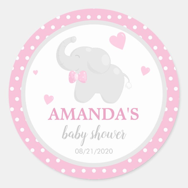 Polka Dot Pink Elephant Baby Shower Girl Sticker (Front)