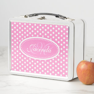 Polka dot pink girls name monogram lunch box