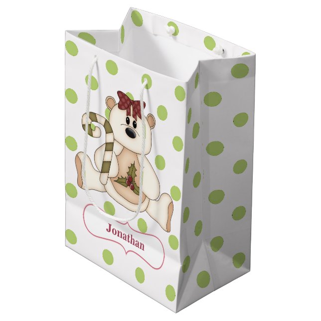 Polka Dot Polar Bear Personalized Christmas Medium Gift Bag (Front Angled)