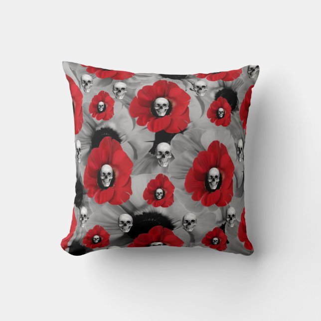 Polka dot poppies and skulls throw pillow (Front)