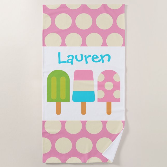 Polka Dot Popsicles Personalized Beach Towel (Front)