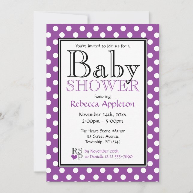 Polka Dot Purple Baby Shower Invitations (Front)