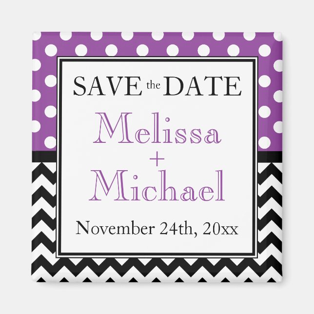 Polka Dot Purple & Chevron Save the Date Magnet (Front)