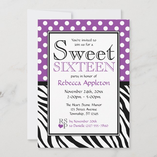 Polka Dot Purple & Zebra Print Sweet Sixteen Invitation (Front)