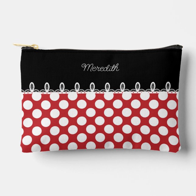 Polka dot red and black with custom name accessory pouch (Front)