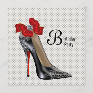 Polka Dot Red Black High Heel Shoe Birthday Party Invitation