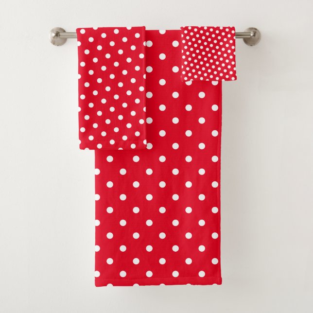 Polka Dot Spots Red And White Simple Pattern Bath Towel Set (Insitu)