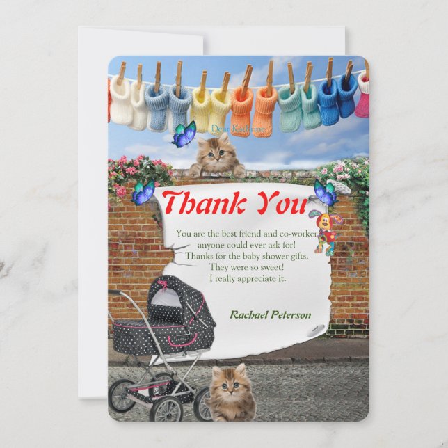Polka-Dot Street Scene & Kittens Thank You Card (Front)