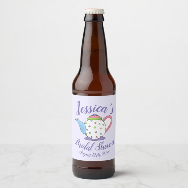 Polka Dot Teapot Afternoon Tea Bridal Baby Shower Beer Bottle Label (Front)